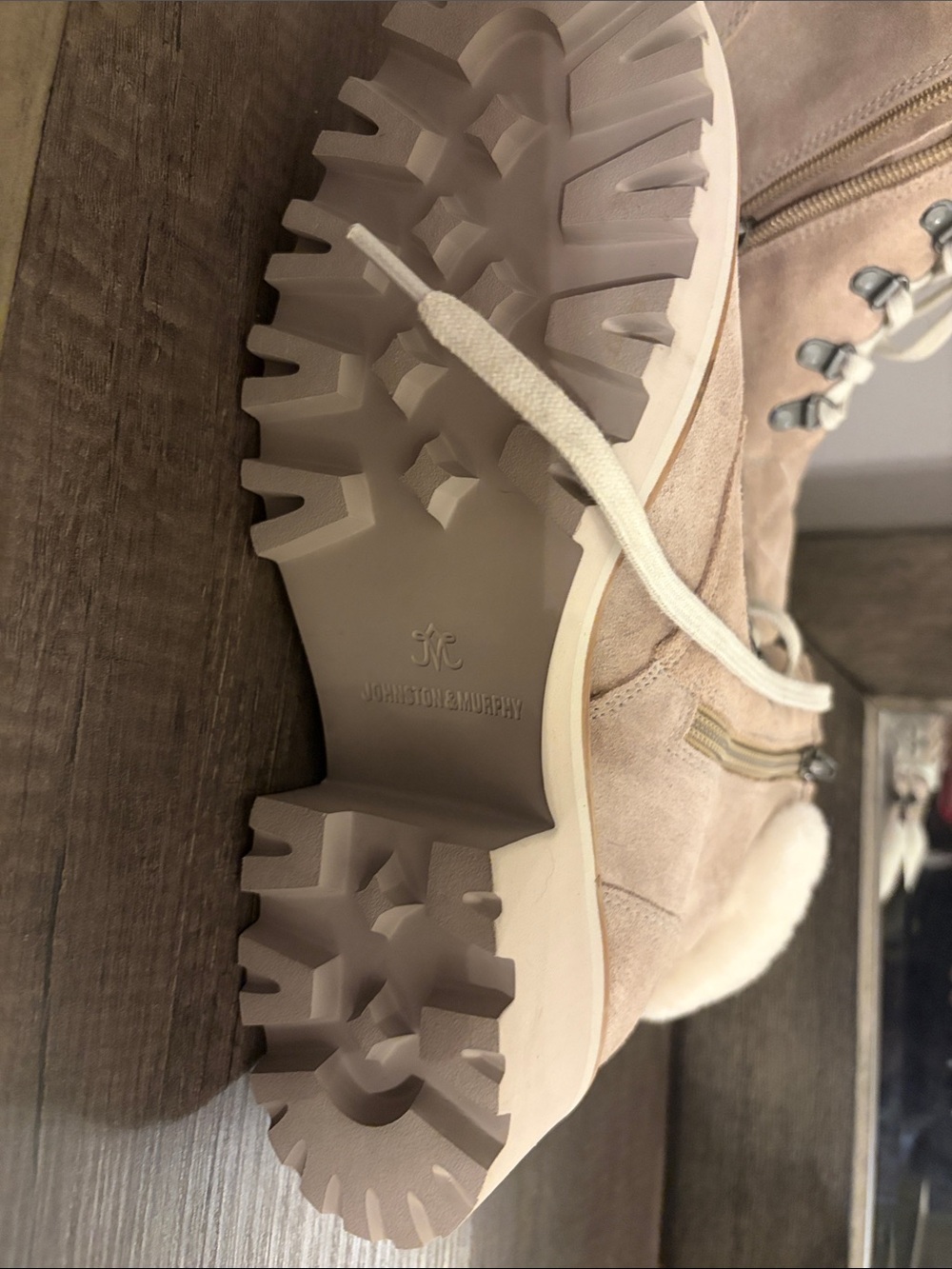 Johnston & Murphy Taupe Suede Lace-Up Shearling Boots - Picture 2 of 5